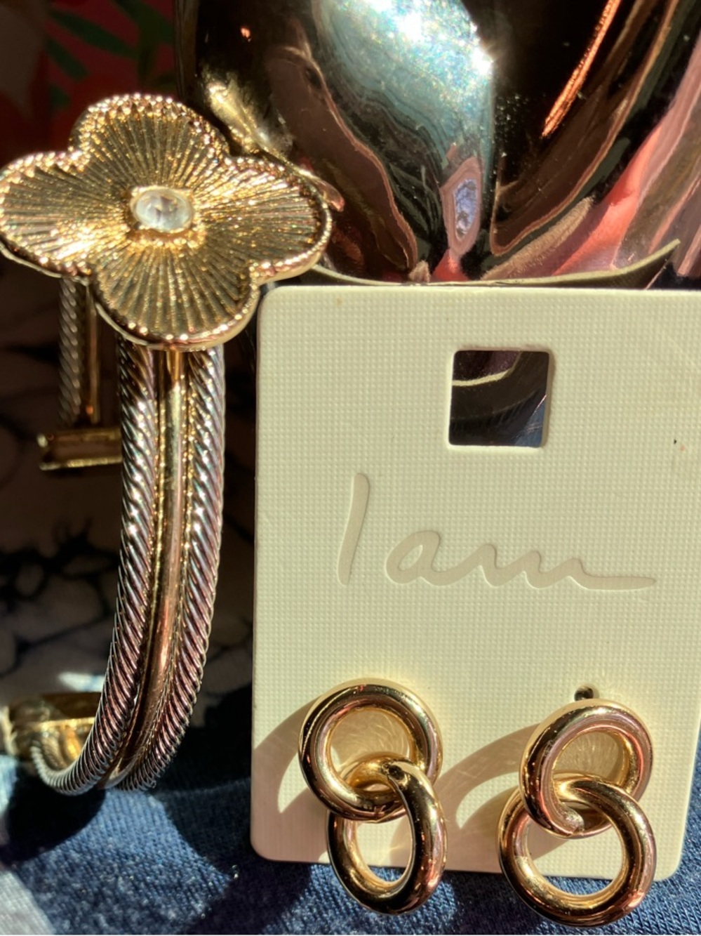 ATTERRI - Gold Floral Cable-Style Bracelet with Crystal Accent & FREE Earrings!!